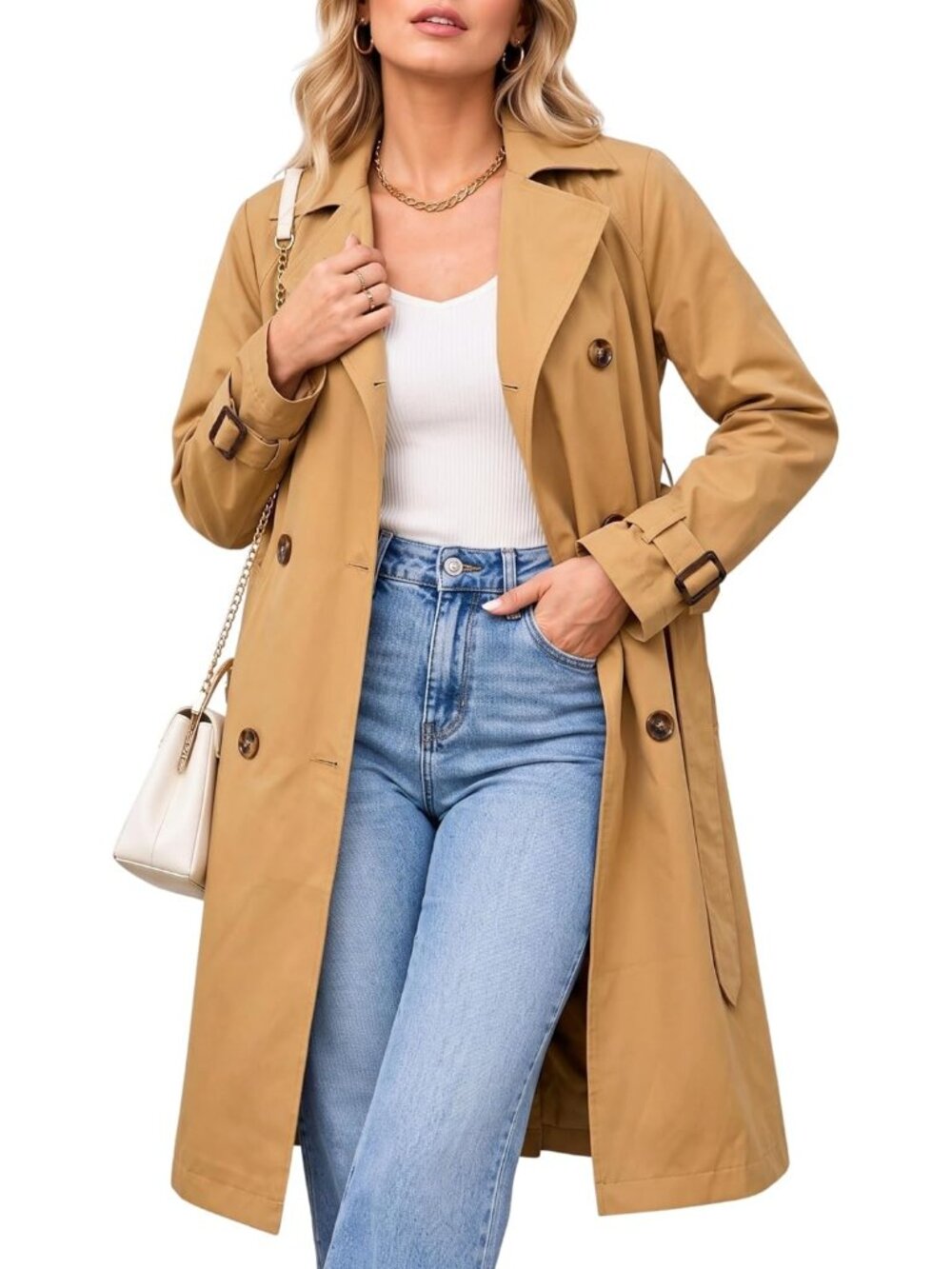 Steve Madden Women's Camel Long Oversized Notch Collar Lapel Trench Coats